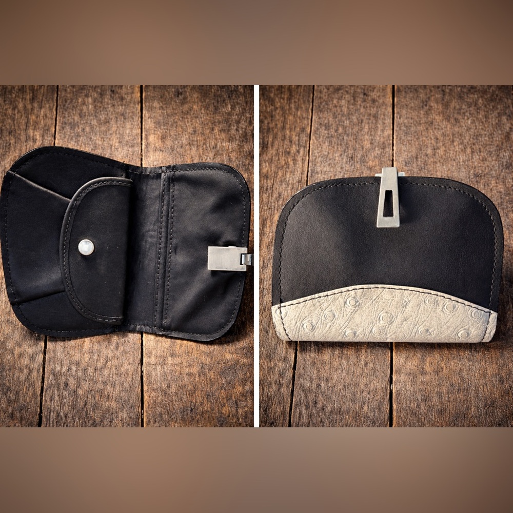 Handmade Black & White Leather Wallet Western Style Compact Card Wallet